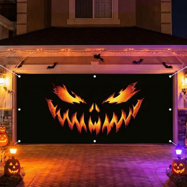 Alt view image 3 of 6 - Pumpkin Ghost Face Halloween Garage Door Cover 7x16 FT Decoration | Spooky Garage Door Banner, Rope and Grommet Easy Mount, High Quality, Creepy Visage Theme, Halloween Decor