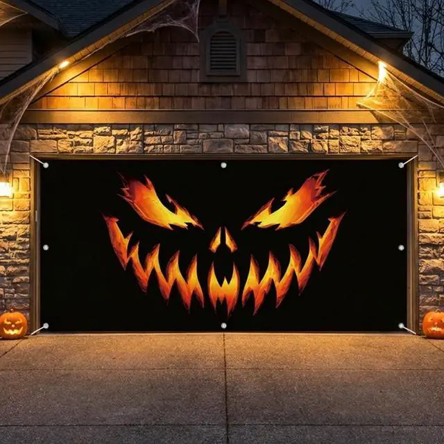 Alt view image 4 of 6 - Pumpkin Ghost Face Halloween Garage Door Cover 7x16 FT Decoration | Spooky Garage Door Banner, Rope and Grommet Easy Mount, High Quality, Creepy Visage Theme, Halloween Decor