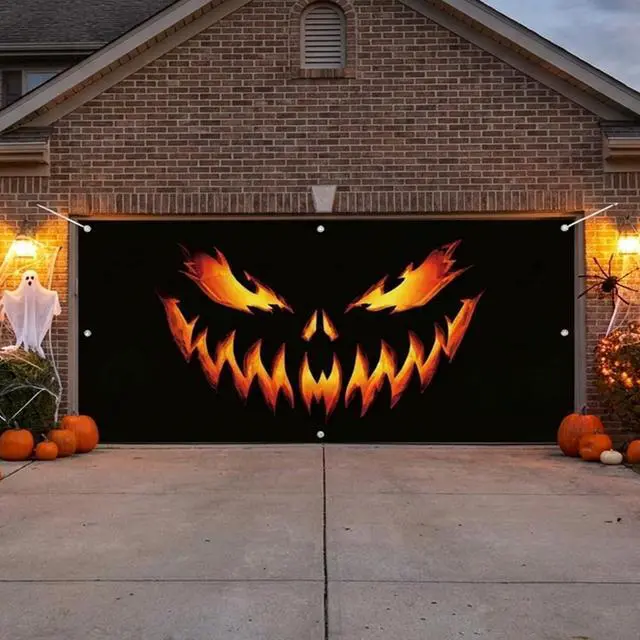 Alt view image 5 of 6 - Pumpkin Ghost Face Halloween Garage Door Cover 7x16 FT Decoration | Spooky Garage Door Banner, Rope and Grommet Easy Mount, High Quality, Creepy Visage Theme, Halloween Decor