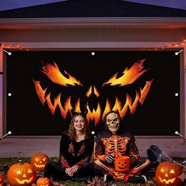 Alt view image 6 of 6 - Pumpkin Ghost Face Halloween Garage Door Cover 7x16 FT Decoration | Spooky Garage Door Banner, Rope and Grommet Easy Mount, High Quality, Creepy Visage Theme, Halloween Decor