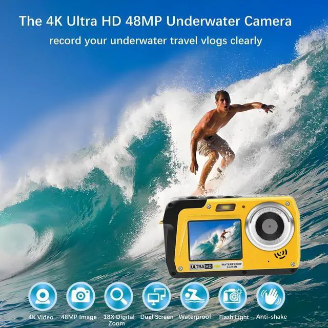 Alt view image 2 of 6 - 4K Underwater Camera, Full HD 4K&48MP Compact, 10FT Waterproof Camera for Snorkeling, Surfing, Rafting, Dual-Screen for Selfie/16X Digital Zoom/Fill Light/Support 128GB (Yellow)