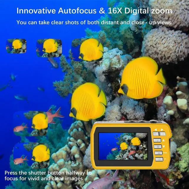 Alt view image 3 of 6 - 4K Underwater Camera, Full HD 4K&48MP Compact, 10FT Waterproof Camera for Snorkeling, Surfing, Rafting, Dual-Screen for Selfie/16X Digital Zoom/Fill Light/Support 128GB (Yellow)