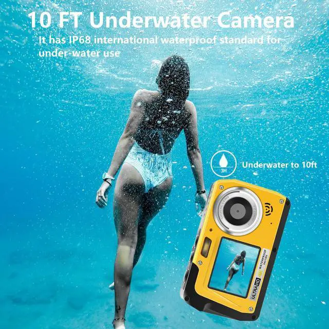Alt view image 4 of 6 - 4K Underwater Camera, Full HD 4K&48MP Compact, 10FT Waterproof Camera for Snorkeling, Surfing, Rafting, Dual-Screen for Selfie/16X Digital Zoom/Fill Light/Support 128GB (Yellow)