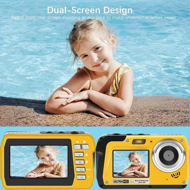 Alt view image 5 of 6 - 4K Underwater Camera, Full HD 4K&48MP Compact, 10FT Waterproof Camera for Snorkeling, Surfing, Rafting, Dual-Screen for Selfie/16X Digital Zoom/Fill Light/Support 128GB (Yellow)
