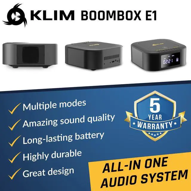 Alt view image 2 of 6 - Boombox E1 Portable CD Player with Subwoofer Extra Bass, Bluetooth, FM Radio, USB, AUX, MP3 Rechargeable Battery, Wired & Wireless Modes, Remote Control Black/Gold