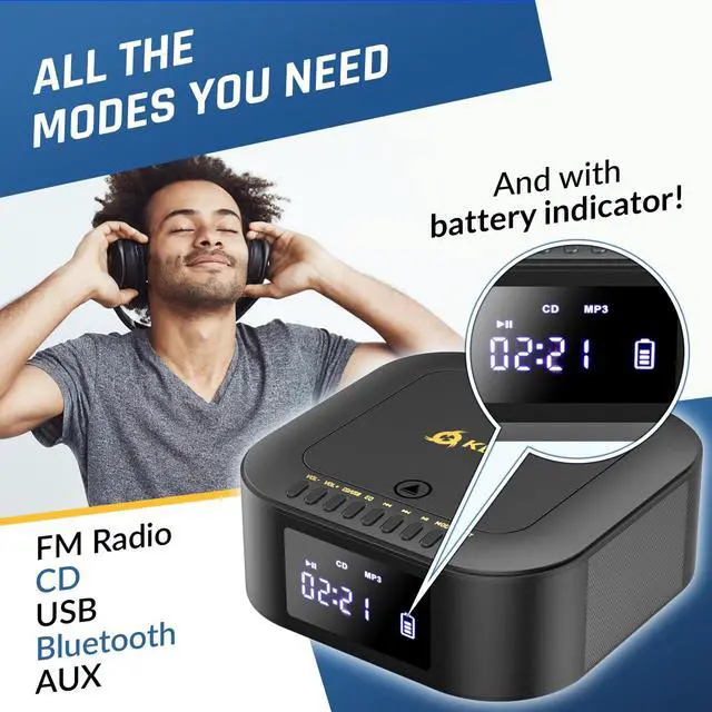 Alt view image 3 of 6 - Boombox E1 Portable CD Player with Subwoofer Extra Bass, Bluetooth, FM Radio, USB, AUX, MP3 Rechargeable Battery, Wired & Wireless Modes, Remote Control Black/Gold