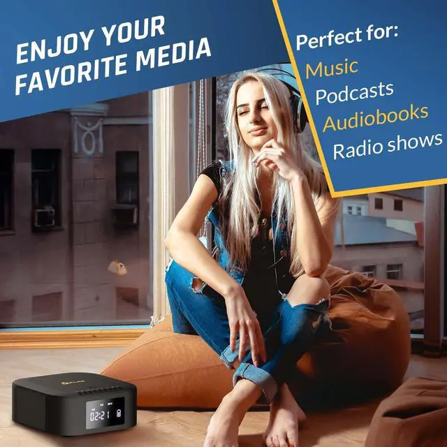 Alt view image 4 of 6 - Boombox E1 Portable CD Player with Subwoofer Extra Bass, Bluetooth, FM Radio, USB, AUX, MP3 Rechargeable Battery, Wired & Wireless Modes, Remote Control Black/Gold