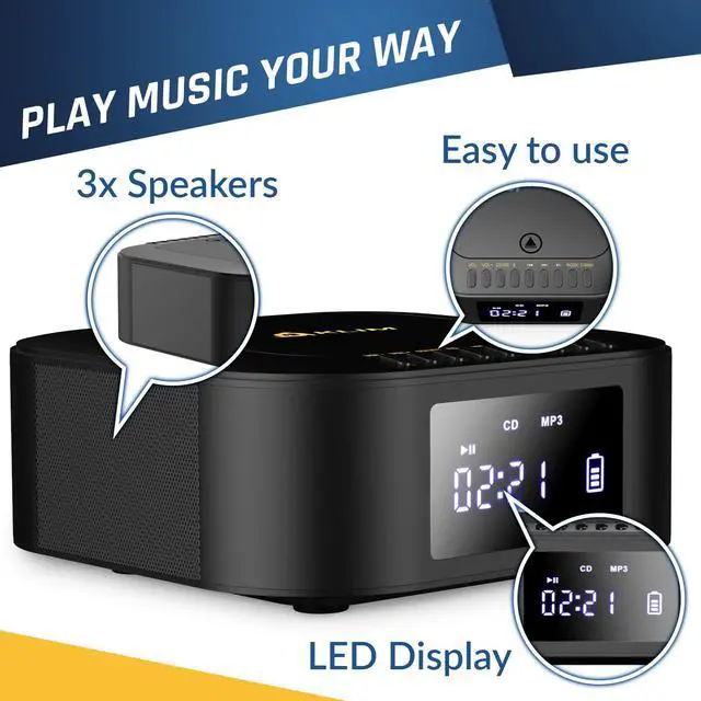 Alt view image 6 of 6 - Boombox E1 Portable CD Player with Subwoofer Extra Bass, Bluetooth, FM Radio, USB, AUX, MP3 Rechargeable Battery, Wired & Wireless Modes, Remote Control Black/Gold