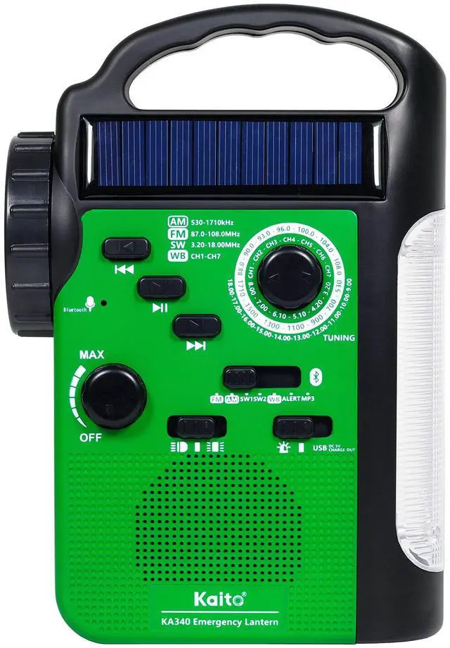 Main image of KA340 Solar Dynamo Hand Crank Rechargeable LED Camping Lantern for Emergency AM/FM/SW NOAA Weather Alert Solar Radio with Bluetooth, Flashlight, Phone Charger, MP3 Player & Siren (Green)