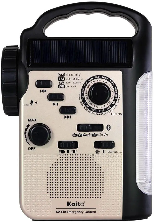 Main image of KA340 Solar Dynamo Hand Crank Rechargeable LED Camping Lantern for Emergency AM/FM/SW NOAA Weather Alert Solar Radio with Bluetooth, Flashlight, Phone Charger, MP3 Player & Siren (Gold)