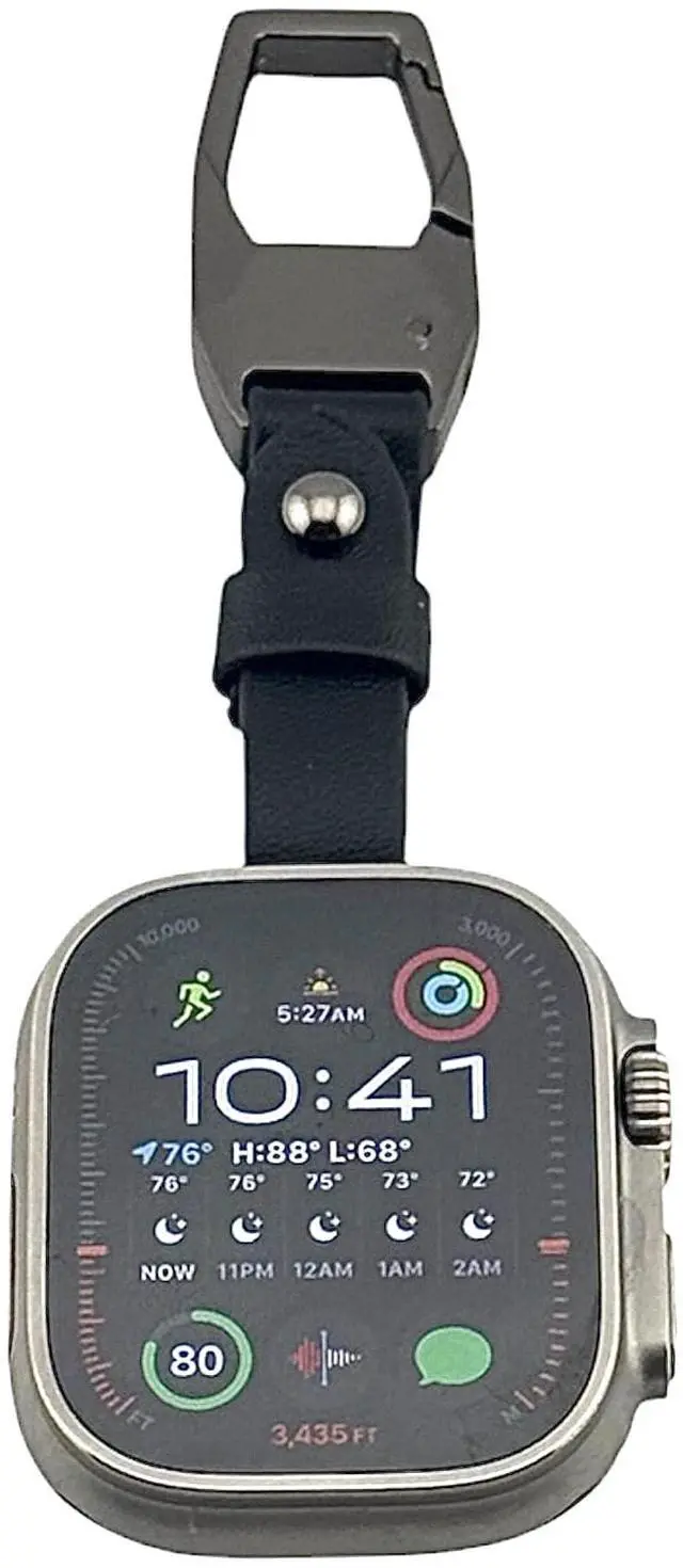 Main image of Clip Keychain with Leather Strap compatible with Apple Watch 42/44/45/49mm | Carabiner Clip, Attaches to Belt Loop, Black Finish, Bag & Purse Compatible