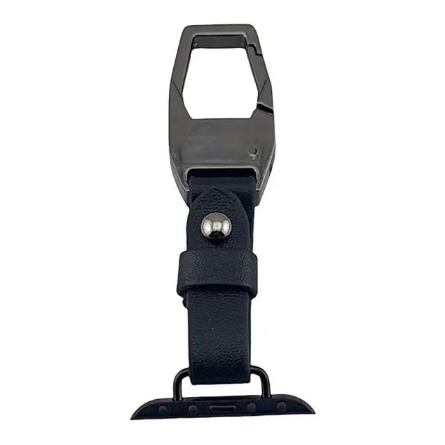 Alt view image 2 of 6 - Clip Keychain with Leather Strap compatible with Apple Watch 42/44/45/49mm | Carabiner Clip, Attaches to Belt Loop, Black Finish, Bag & Purse Compatible