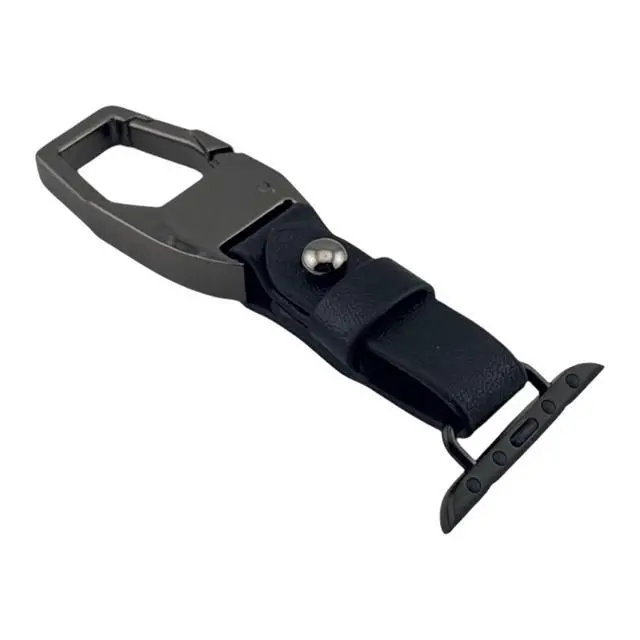 Alt view image 3 of 6 - Clip Keychain with Leather Strap compatible with Apple Watch 42/44/45/49mm | Carabiner Clip, Attaches to Belt Loop, Black Finish, Bag & Purse Compatible