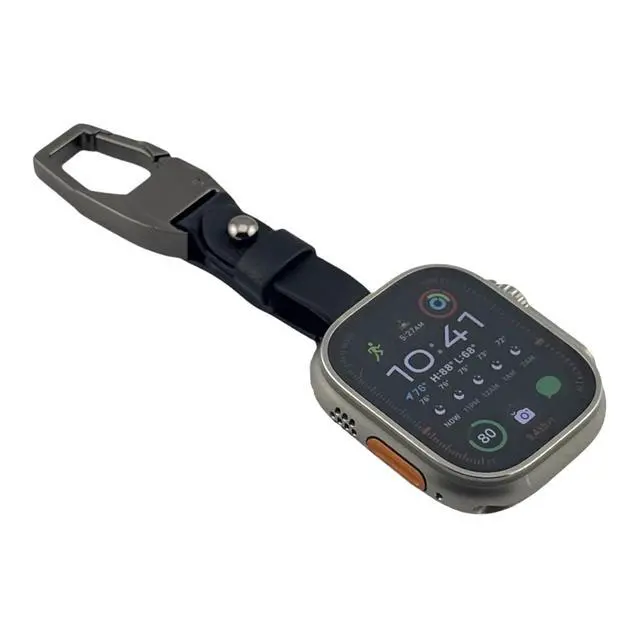 Alt view image 4 of 6 - Clip Keychain with Leather Strap compatible with Apple Watch 42/44/45/49mm | Carabiner Clip, Attaches to Belt Loop, Black Finish, Bag & Purse Compatible