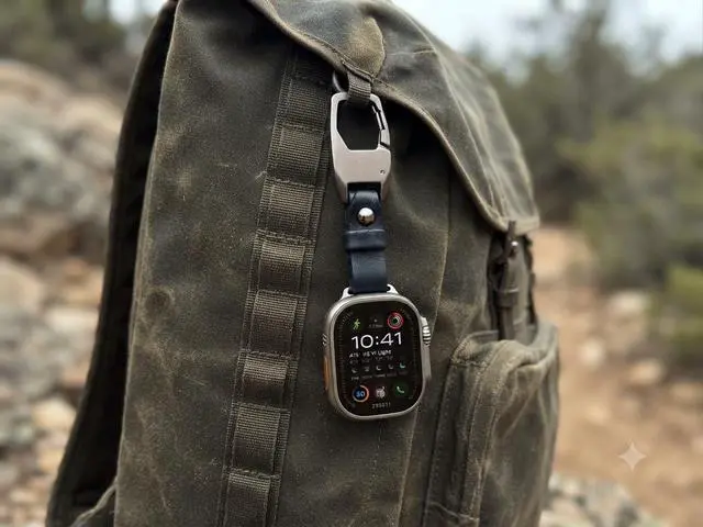 Alt view image 5 of 6 - Clip Keychain with Leather Strap compatible with Apple Watch 42/44/45/49mm | Carabiner Clip, Attaches to Belt Loop, Black Finish, Bag & Purse Compatible