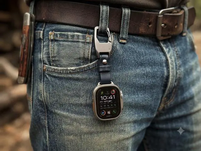 Alt view image 6 of 6 - Clip Keychain with Leather Strap compatible with Apple Watch 42/44/45/49mm | Carabiner Clip, Attaches to Belt Loop, Black Finish, Bag & Purse Compatible