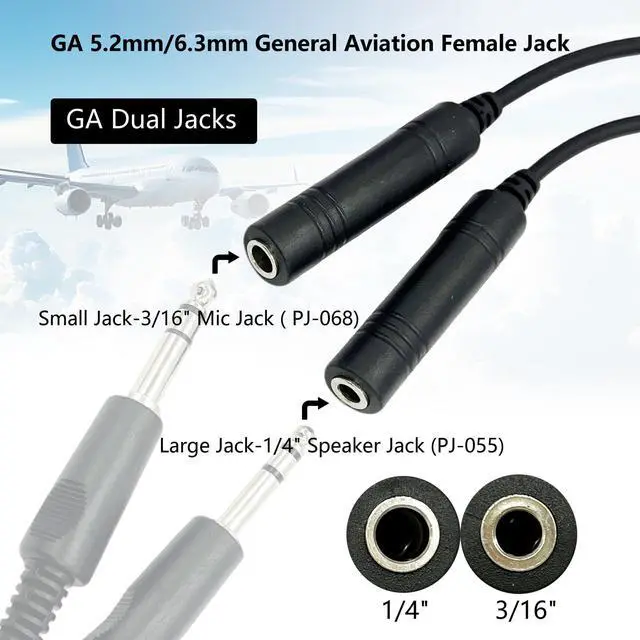 Alt view image 3 of 6 - GA Dual Plugs General Aviation Headset Twin Jacks Helicopter Headphone Adapter Connector Cable (3/16" Mic Jack and 1/4" Speaker Jack) to K1 Plug 2-Pin Radio Walkie Talkie Extension Cord