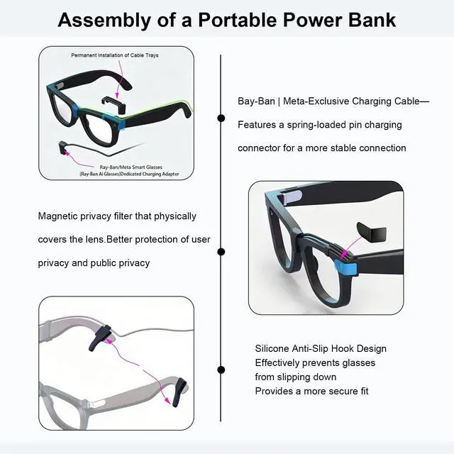 Alt view image 3 of 6 - Portable Wearable Charger for Ray-Ban Meta Gen 1 & Gen 2, Wayfarer, Skyler, Headliner, Oakley Meta HSTN, Fast Charging Extended Power Bank for Meta Glasses Accessories, Up to 3.8 Full Charges
