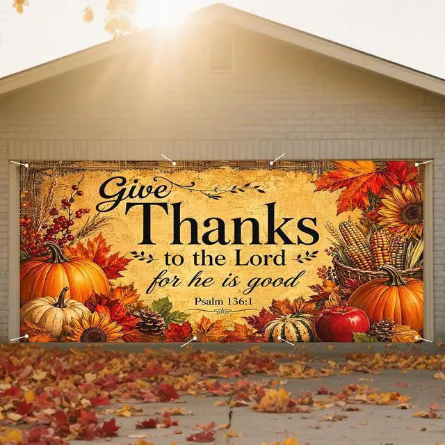 Main image of Thanksgiving Autumn Garage Door Covers Banner 6X13ft Polyester | Pumpkin decor, Fall foliage, autumn backdrop, garage door cover for Garage, Yard, Patio (Biblical quote pumpkin print)