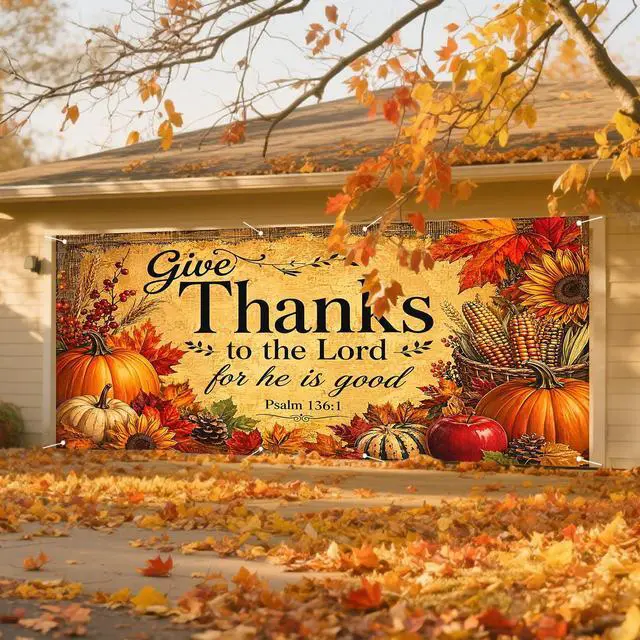 Alt view image 6 of 6 - Thanksgiving Autumn Garage Door Covers Banner 6X13ft Polyester | Pumpkin decor, Fall foliage, autumn backdrop, garage door cover for Garage, Yard, Patio (Biblical quote pumpkin print)