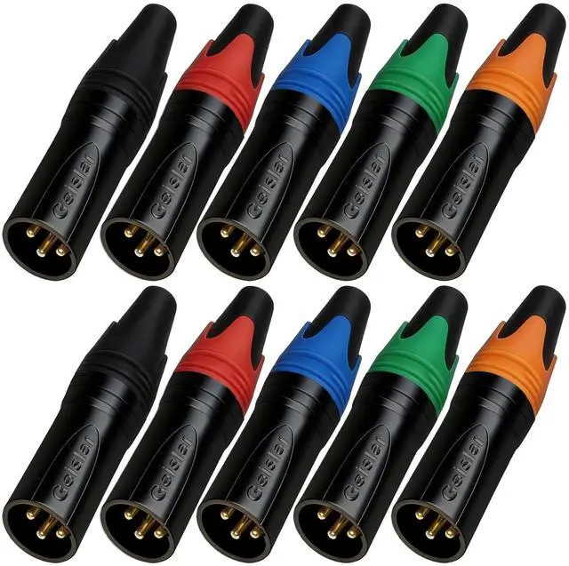 Main image of Geisler XLR 3 Pin Male XLR 3 Pin Female Plug Gold-Plated Copper Contacts Fine Silver Nickel Metal Housing with Muficolored Rubber Ring (Black-housing Colorful-Mark Male) 10 Pack