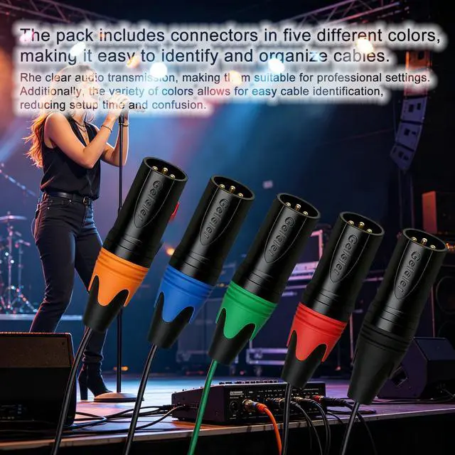 Alt view image 5 of 6 - Geisler XLR 3 Pin Male XLR 3 Pin Female Plug Gold-Plated Copper Contacts Fine Silver Nickel Metal Housing with Muficolored Rubber Ring (Black-housing Colorful-Mark Male) 10 Pack