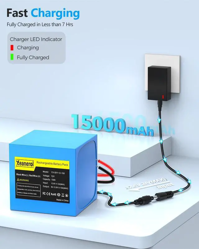 Alt view image 4 of 6 - 12V 15000mAh Rechargeable Battery Pack with Charger, Replacement Lithium Battery Compatible with 12 Volt Devices RC Car, LED Light Strip, DIY, Boat, Robot, CCTV Camera