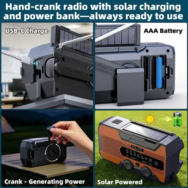 Alt view image 2 of 6 - 10000mAh Hand Crank Emergency Radio, NOAA Weather Solar Radio AM/FM,Battery Operated with LED Flashlight, Reading Lamp & SOS Alarm,Orange Survival Radio for Camping Hurricane Emergency
