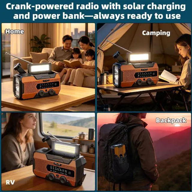 Alt view image 3 of 6 - 10000mAh Hand Crank Emergency Radio, NOAA Weather Solar Radio AM/FM,Battery Operated with LED Flashlight, Reading Lamp & SOS Alarm,Orange Survival Radio for Camping Hurricane Emergency