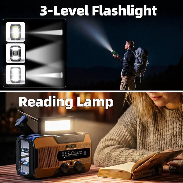Alt view image 4 of 6 - 10000mAh Hand Crank Emergency Radio, NOAA Weather Solar Radio AM/FM,Battery Operated with LED Flashlight, Reading Lamp & SOS Alarm,Orange Survival Radio for Camping Hurricane Emergency