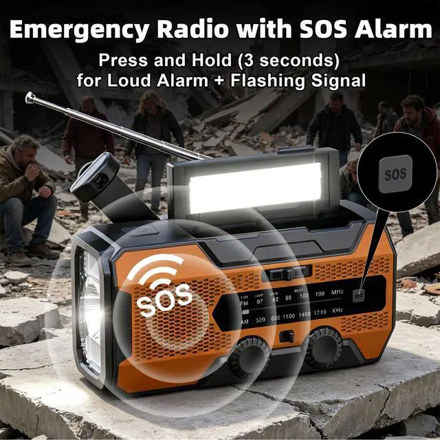 Alt view image 6 of 6 - 10000mAh Hand Crank Emergency Radio, NOAA Weather Solar Radio AM/FM,Battery Operated with LED Flashlight, Reading Lamp & SOS Alarm,Orange Survival Radio for Camping Hurricane Emergency