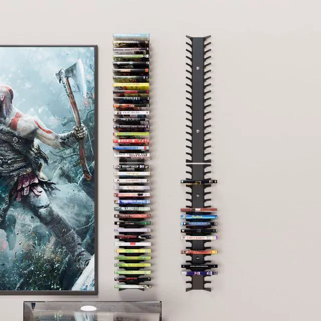 Alt view image 6 of 6 - Video Game Wall Mount Organizer, 4 Piece Set, 72 Disc Capacity, Multi-Size Slots for PS5/PS4/Xbox/Switch Games, Black (4)