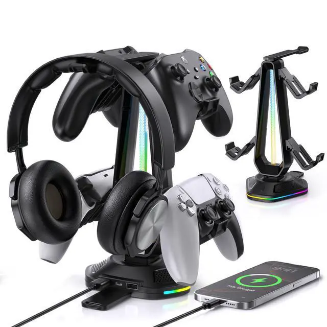 Alt view image 2 of 6 - Gaming Headphones Stand with 12 Light Modes - Controller Holder for Desk, RGB Gaming Headset Stand with 2 USB Charging Ports - Supports Data Transfer, Earphone Hanger Accessories for Desktop Gamer