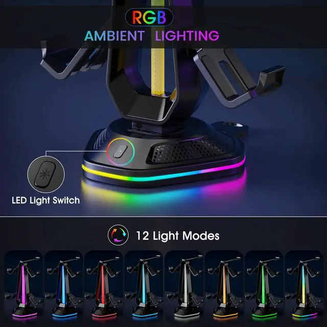 Alt view image 3 of 6 - Gaming Headphones Stand with 12 Light Modes - Controller Holder for Desk, RGB Gaming Headset Stand with 2 USB Charging Ports - Supports Data Transfer, Earphone Hanger Accessories for Desktop Gamer