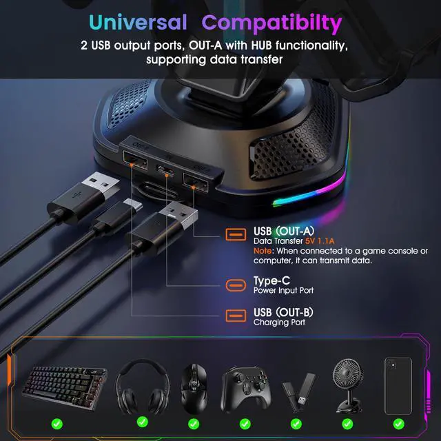 Alt view image 4 of 6 - Gaming Headphones Stand with 12 Light Modes - Controller Holder for Desk, RGB Gaming Headset Stand with 2 USB Charging Ports - Supports Data Transfer, Earphone Hanger Accessories for Desktop Gamer