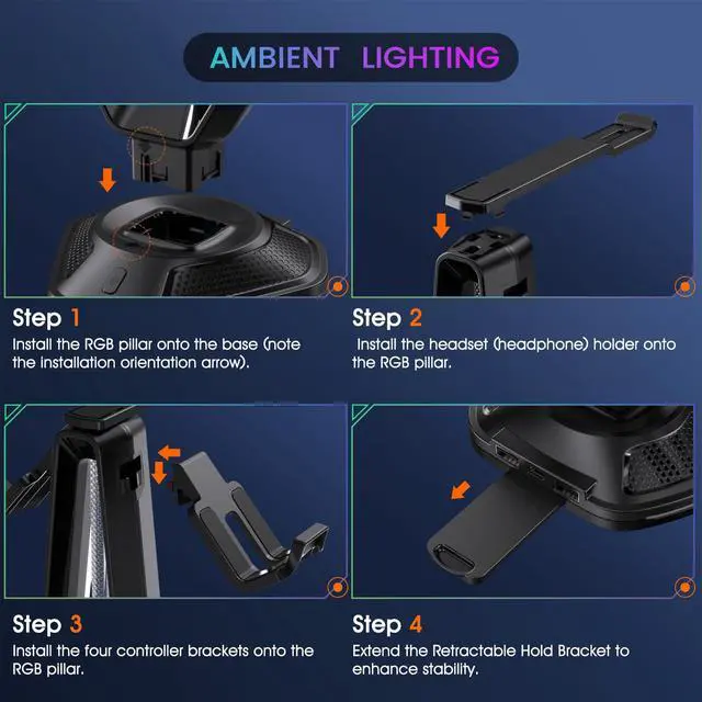 Alt view image 5 of 6 - Gaming Headphones Stand with 12 Light Modes - Controller Holder for Desk, RGB Gaming Headset Stand with 2 USB Charging Ports - Supports Data Transfer, Earphone Hanger Accessories for Desktop Gamer