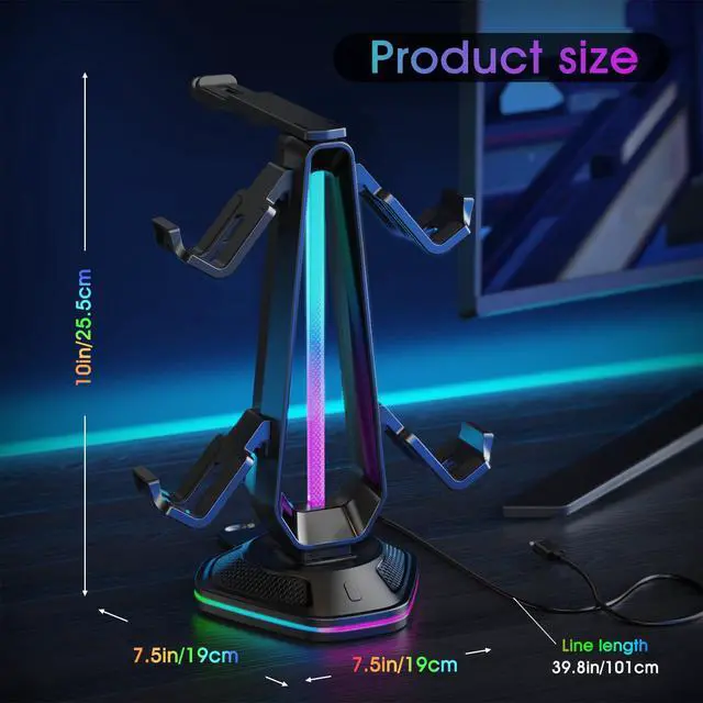Alt view image 6 of 6 - Gaming Headphones Stand with 12 Light Modes - Controller Holder for Desk, RGB Gaming Headset Stand with 2 USB Charging Ports - Supports Data Transfer, Earphone Hanger Accessories for Desktop Gamer