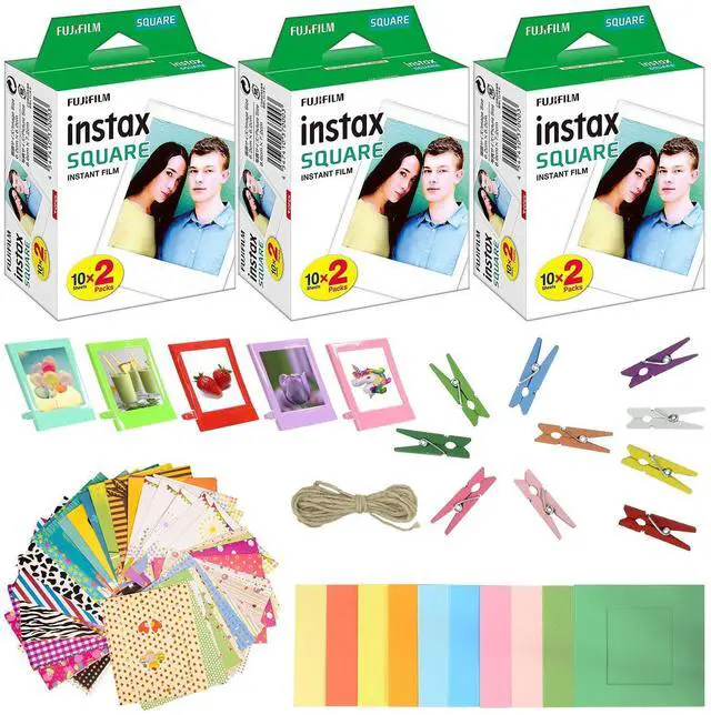 Main image of Instax Square Instant Film (3 Pack, 60 Sheets) 5 Plastic Desk Frames + 10 Paper Frames Plus 60 Border Frames