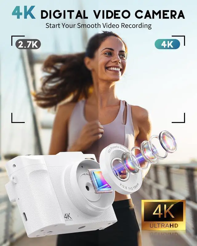 Alt view image 2 of 6 - 4K Digital Camera for Photography, 50MP Vlogging Camera for YouTube, Compact Cameras with 2.8" 180° Flip Screen, 16X Digital Zoom, Point and Shoot Camera with 32GB SD for Beginners, Travel, White