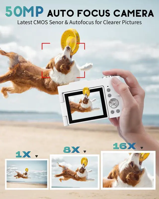 Alt view image 3 of 6 - 4K Digital Camera for Photography, 50MP Vlogging Camera for YouTube, Compact Cameras with 2.8" 180° Flip Screen, 16X Digital Zoom, Point and Shoot Camera with 32GB SD for Beginners, Travel, White