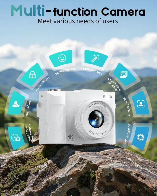 Alt view image 4 of 6 - 4K Digital Camera for Photography, 50MP Vlogging Camera for YouTube, Compact Cameras with 2.8" 180° Flip Screen, 16X Digital Zoom, Point and Shoot Camera with 32GB SD for Beginners, Travel, White
