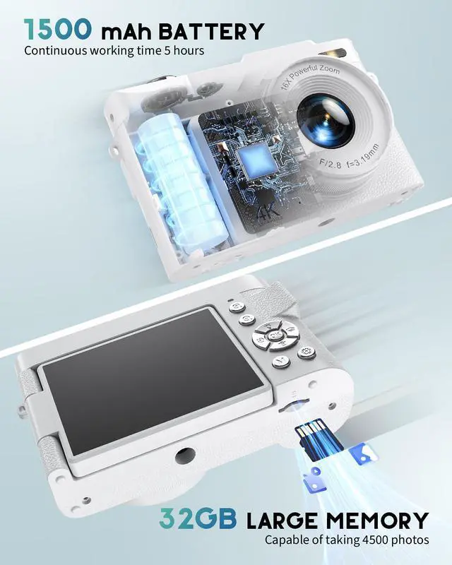 Alt view image 6 of 6 - 4K Digital Camera for Photography, 50MP Vlogging Camera for YouTube, Compact Cameras with 2.8" 180° Flip Screen, 16X Digital Zoom, Point and Shoot Camera with 32GB SD for Beginners, Travel, White