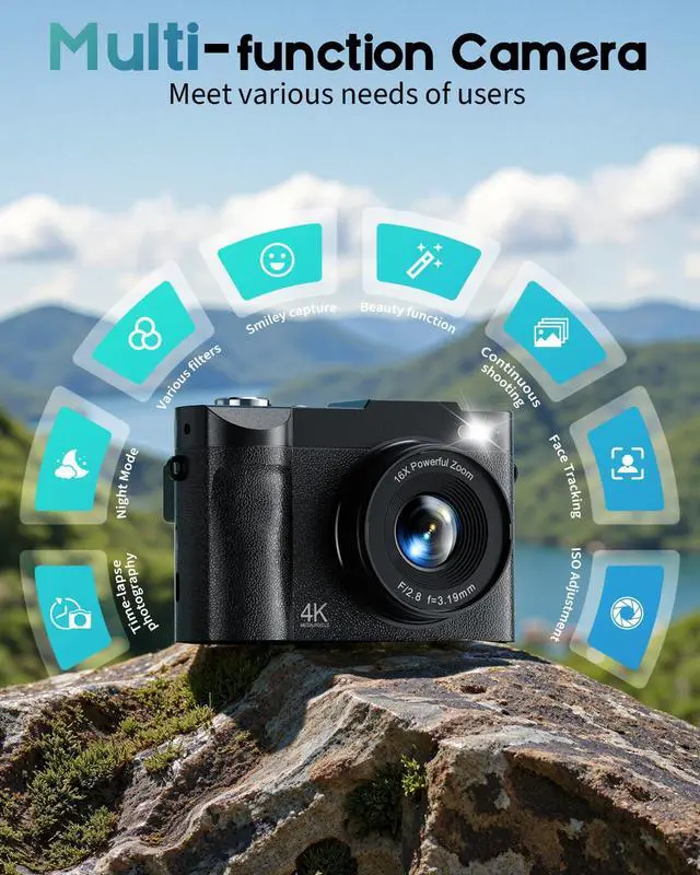 Alt view image 4 of 6 - 4K Digital Camera for Photography, 50MP Vlogging Camera for YouTube, Compact Cameras with 2.8" 180° Flip Screen, 16X Digital Zoom, Point and Shoot Camera with 32GB SD for Beginners, Travel, Family