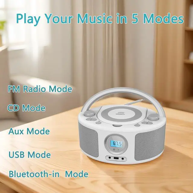 Alt view image 2 of 6 - Portable CD Player Boombox with Bluetooth, Remote Control, FM Radio, USB MP3 Playback, CD-R/CD-RW Compatible, Radio CD Player,AC/Battery Powered