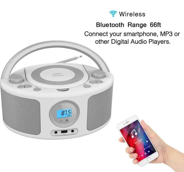 Alt view image 4 of 6 - Portable CD Player Boombox with Bluetooth, Remote Control, FM Radio, USB MP3 Playback, CD-R/CD-RW Compatible, Radio CD Player,AC/Battery Powered