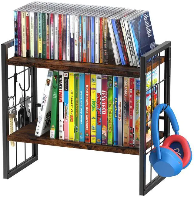 Main image of 2-Tier CD Storage Rack, DVD Storage Display Rack with 4 Hooks | CD Holder Shelf, CD Organizer Tower, Holds Up to 25 DVDs or 37 CDs, DVD Display Stand with 26 Ib, for Music Enthusiasts