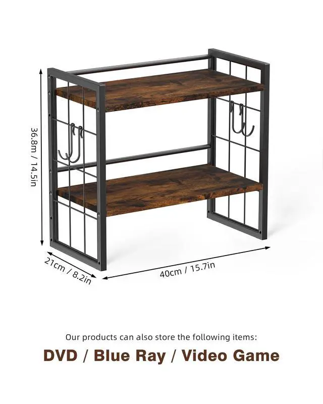 Alt view image 2 of 6 - 2-Tier CD Storage Rack, DVD Storage Display Rack with 4 Hooks | CD Holder Shelf, CD Organizer Tower, Holds Up to 25 DVDs or 37 CDs, DVD Display Stand with 26 Ib, for Music Enthusiasts