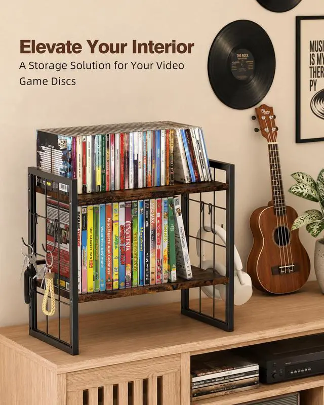 Alt view image 3 of 6 - 2-Tier CD Storage Rack, DVD Storage Display Rack with 4 Hooks | CD Holder Shelf, CD Organizer Tower, Holds Up to 25 DVDs or 37 CDs, DVD Display Stand with 26 Ib, for Music Enthusiasts