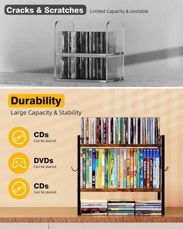 Alt view image 4 of 6 - 2-Tier CD Storage Rack, DVD Storage Display Rack with 4 Hooks | CD Holder Shelf, CD Organizer Tower, Holds Up to 25 DVDs or 37 CDs, DVD Display Stand with 26 Ib, for Music Enthusiasts