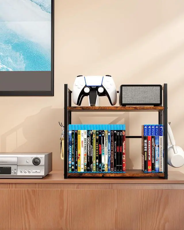 Alt view image 5 of 6 - 2-Tier CD Storage Rack, DVD Storage Display Rack with 4 Hooks | CD Holder Shelf, CD Organizer Tower, Holds Up to 25 DVDs or 37 CDs, DVD Display Stand with 26 Ib, for Music Enthusiasts